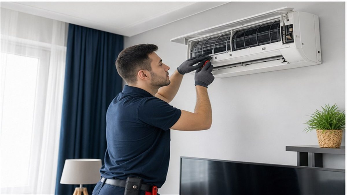 HVAC technicians servicing an air-conditioning unit